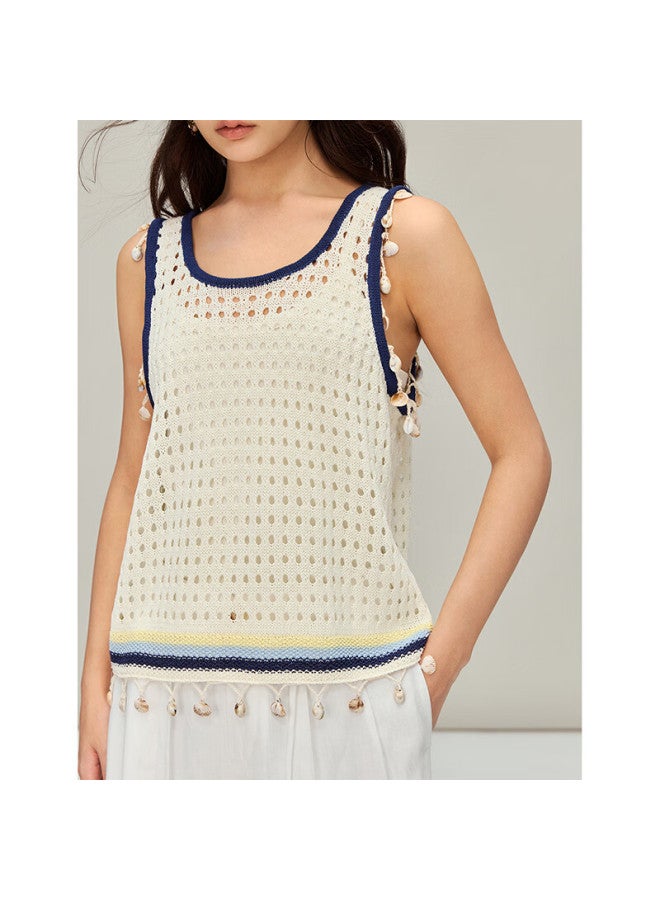 Inman Hollow Out Striped Tassel Knit Vest  Spring Women's New Sleeveless Top Off-white M - Image 1