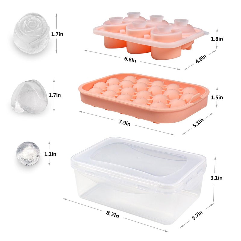 IDVVSSX Silicone Ice Molds Fun Shapes Set, Heart Rose Ice Cube Mold, Small Round Ice Cube Tray, Makes 22 Sphere & 3 Heart 3 Rose Shape Ice Balls for Chilling Whiskey Cocktails, 2 Ice Trays with Bin Scoop Tong - Image 2