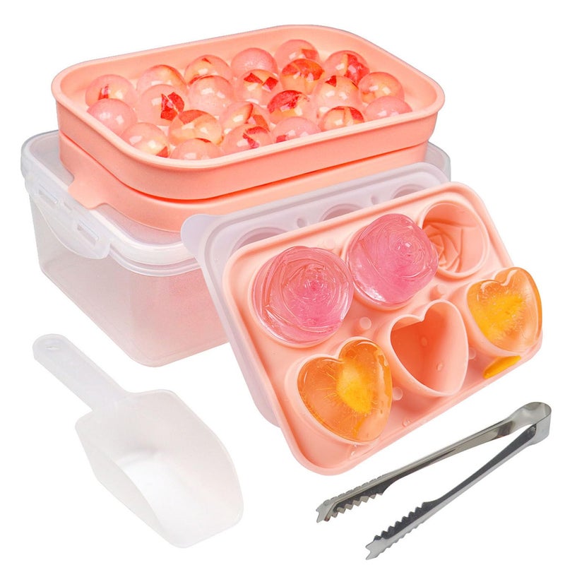 IDVVSSX Silicone Ice Molds Fun Shapes Set, Heart Rose Ice Cube Mold, Small Round Ice Cube Tray, Makes 22 Sphere & 3 Heart 3 Rose Shape Ice Balls for Chilling Whiskey Cocktails, 2 Ice Trays with Bin Scoop Tong - Image 1