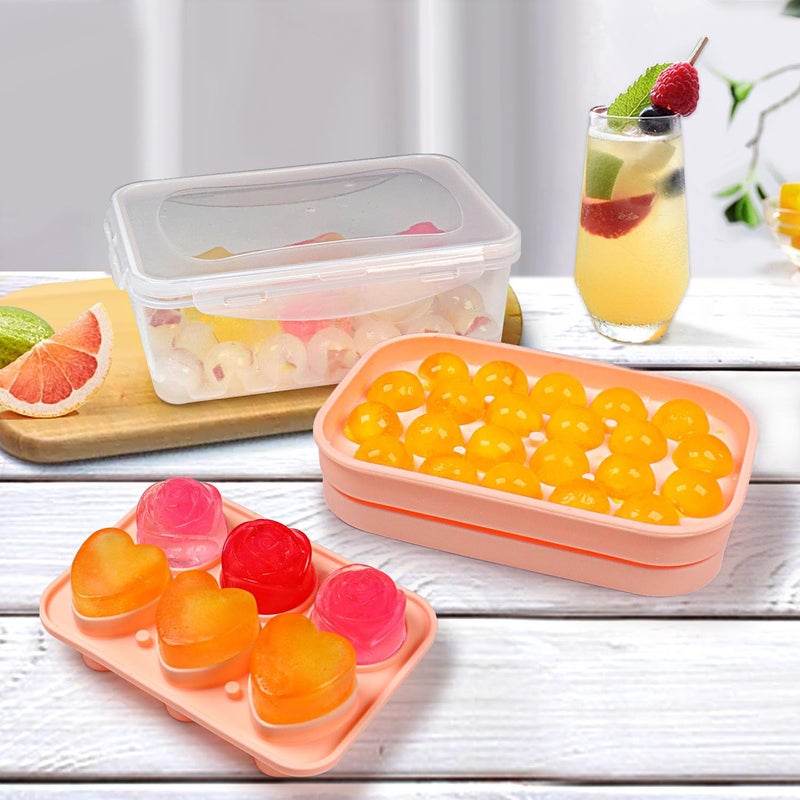 IDVVSSX Silicone Ice Molds Fun Shapes Set, Heart Rose Ice Cube Mold, Small Round Ice Cube Tray, Makes 22 Sphere & 3 Heart 3 Rose Shape Ice Balls for Chilling Whiskey Cocktails, 2 Ice Trays with Bin Scoop Tong - Image 3