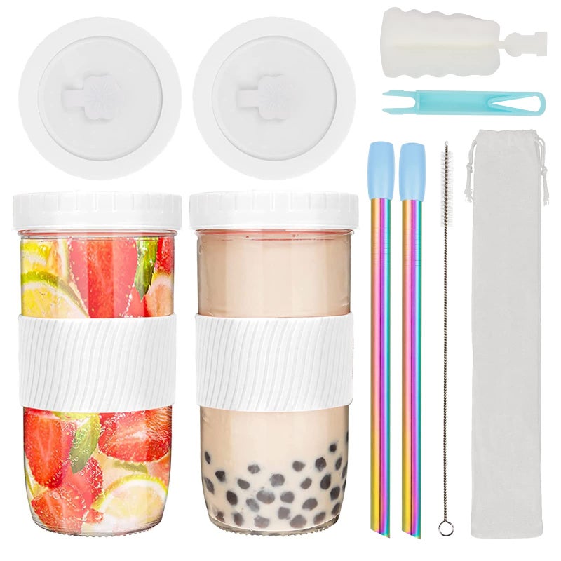 UHAPEER 2 Pack Reusable Boba Cup Bubble Tea Cups 24 oz Glass Boba Tumbler Smoothie Cups with Lids and Straws Silicone Sleeve Mason Jar Iced Coffee Cup Reusable Glass Juicing Smoothie Bottles