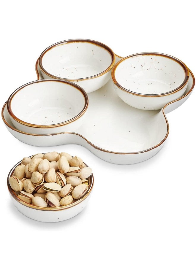 ONEMORE Chip and Dip Serving Set, 8.5 inch Speckled Ceramic Divided Serving Platter Small Appetizer Tray with 4 Removable Dishes for Nuts, Candy, Snacks, Veggies, Rustic Serving Bowls for Entertaining - Image 1