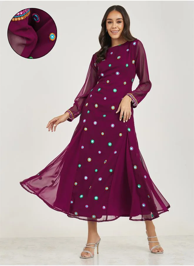 Styli Embroidery Detail Mirror Work A-Line Maxi Dress