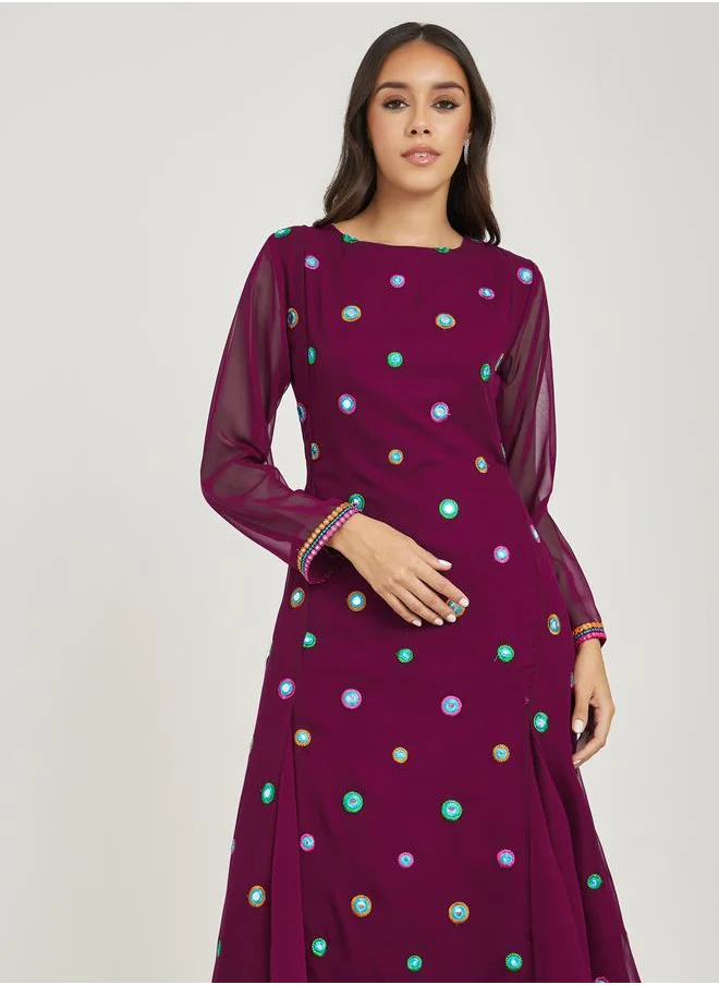 Styli Embroidery Detail Mirror Work A-Line Maxi Dress
