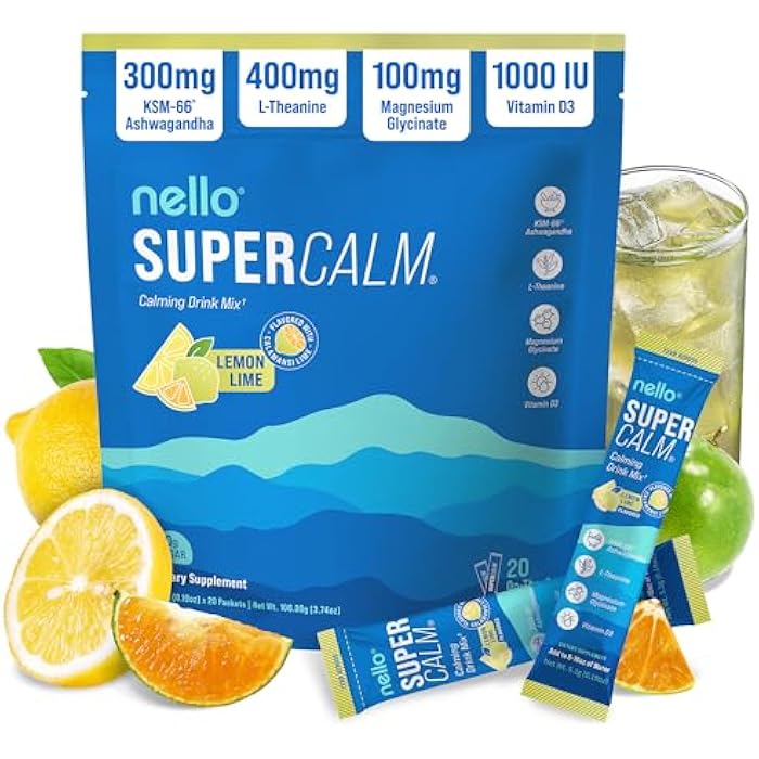 Nello Supercalm Powdered Drink Mix, Cortisol Reducer* and Sleep Aid Supplement, L Theanine, Ksm-66 Ashwagandha, Magnesium Glycinate, Vitamin D 3, No Sugar, Non GMO, On The Go, 20 Ct, Lemon Lime - Image 1
