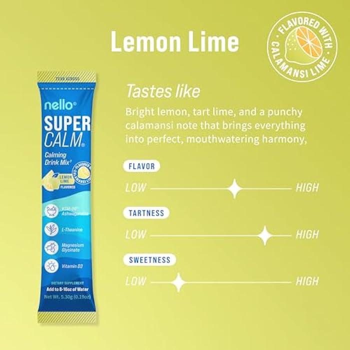 Nello Supercalm Powdered Drink Mix, Cortisol Reducer* and Sleep Aid Supplement, L Theanine, Ksm-66 Ashwagandha, Magnesium Glycinate, Vitamin D 3, No Sugar, Non GMO, On The Go, 20 Ct, Lemon Lime - Image 5