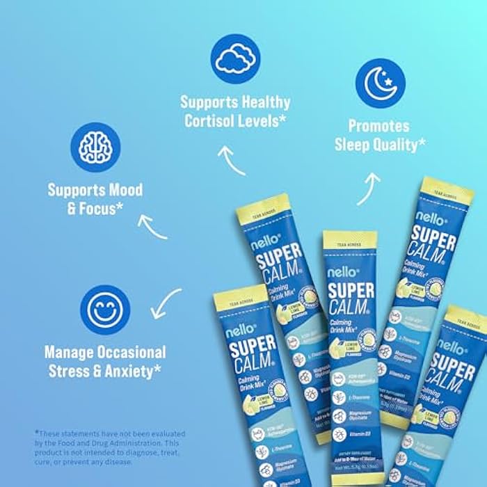 Nello Supercalm Powdered Drink Mix, Cortisol Reducer* and Sleep Aid Supplement, L Theanine, Ksm-66 Ashwagandha, Magnesium Glycinate, Vitamin D 3, No Sugar, Non GMO, On The Go, 20 Ct, Lemon Lime - Image 3