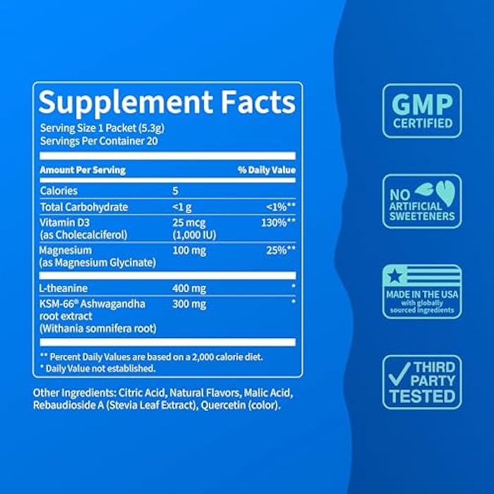 Nello Supercalm Powdered Drink Mix, Cortisol Reducer* and Sleep Aid Supplement, L Theanine, Ksm-66 Ashwagandha, Magnesium Glycinate, Vitamin D 3, No Sugar, Non GMO, On The Go, 20 Ct, Lemon Lime - Image 4