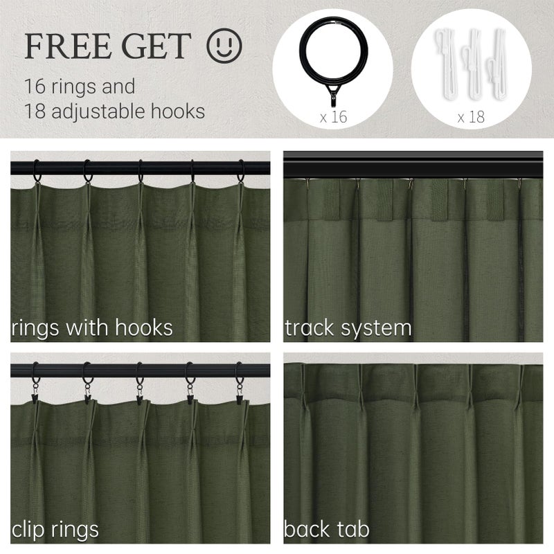 Topfinel Olive Green Linen Semi Sheer Curtains 96 Inches Long,Spring Boho Natural Bedroom Living Room Home Decor,Cotton Linen Blended Light Filtering Pinch Pleated Window Curtain 8ft Panels Set of 2 - Image 2