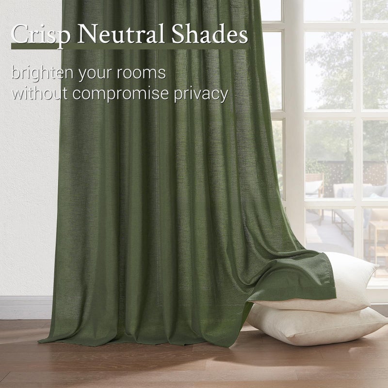 Topfinel Olive Green Linen Semi Sheer Curtains 96 Inches Long,Spring Boho Natural Bedroom Living Room Home Decor,Cotton Linen Blended Light Filtering Pinch Pleated Window Curtain 8ft Panels Set of 2 - Image 3