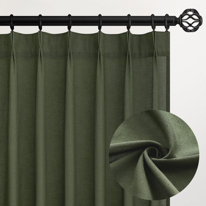 Topfinel Olive Green Linen Semi Sheer Curtains 96 Inches Long,Spring Boho Natural Bedroom Living Room Home Decor,Cotton Linen Blended Light Filtering Pinch Pleated Window Curtain 8ft Panels Set of 2 - Image 1