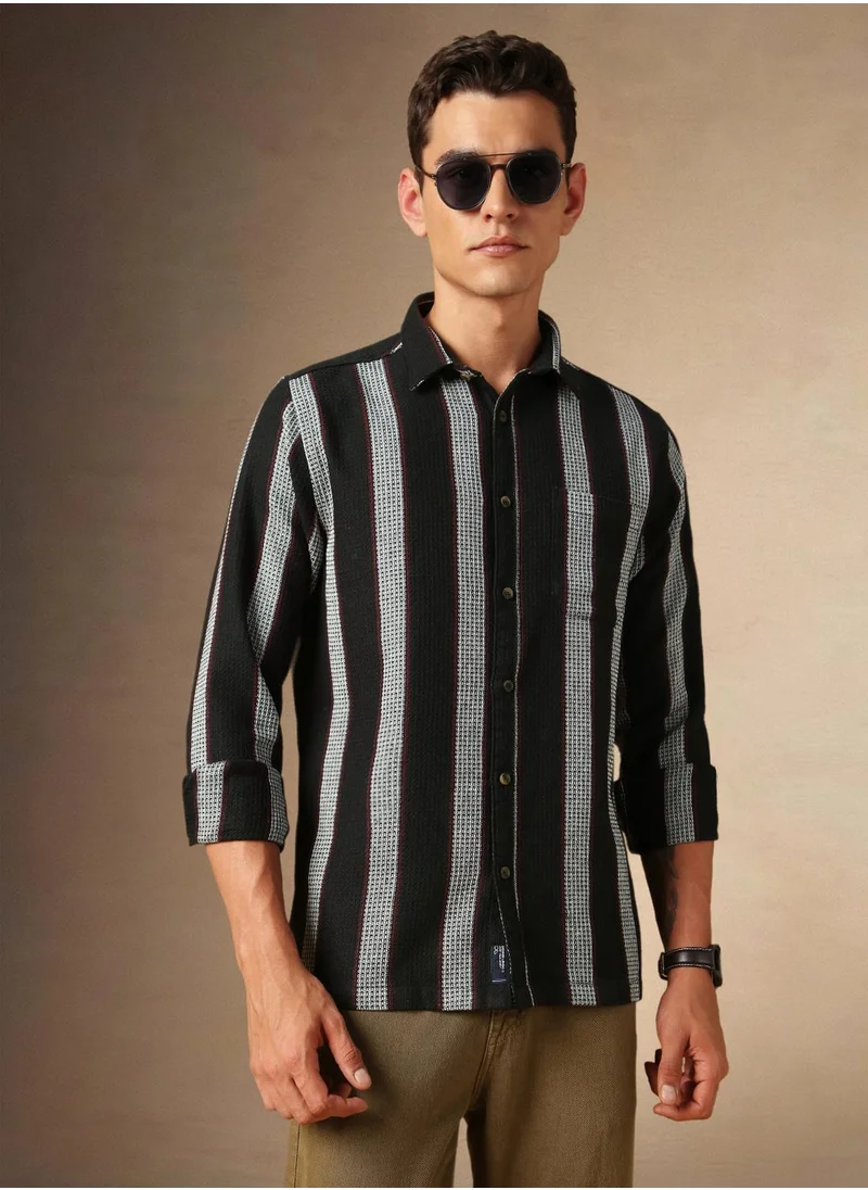 دينيس لينغو Men's White Cotton Blend Striped Button Down Shirt