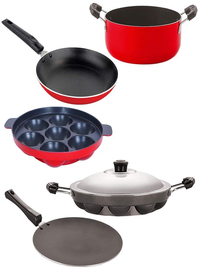 Nirlon Non-Stick Aluminum Cookware Set, 5-Piece, Red and Black (CT12_TP_AP(7)_AP(12)_Cass20) - Image 1
