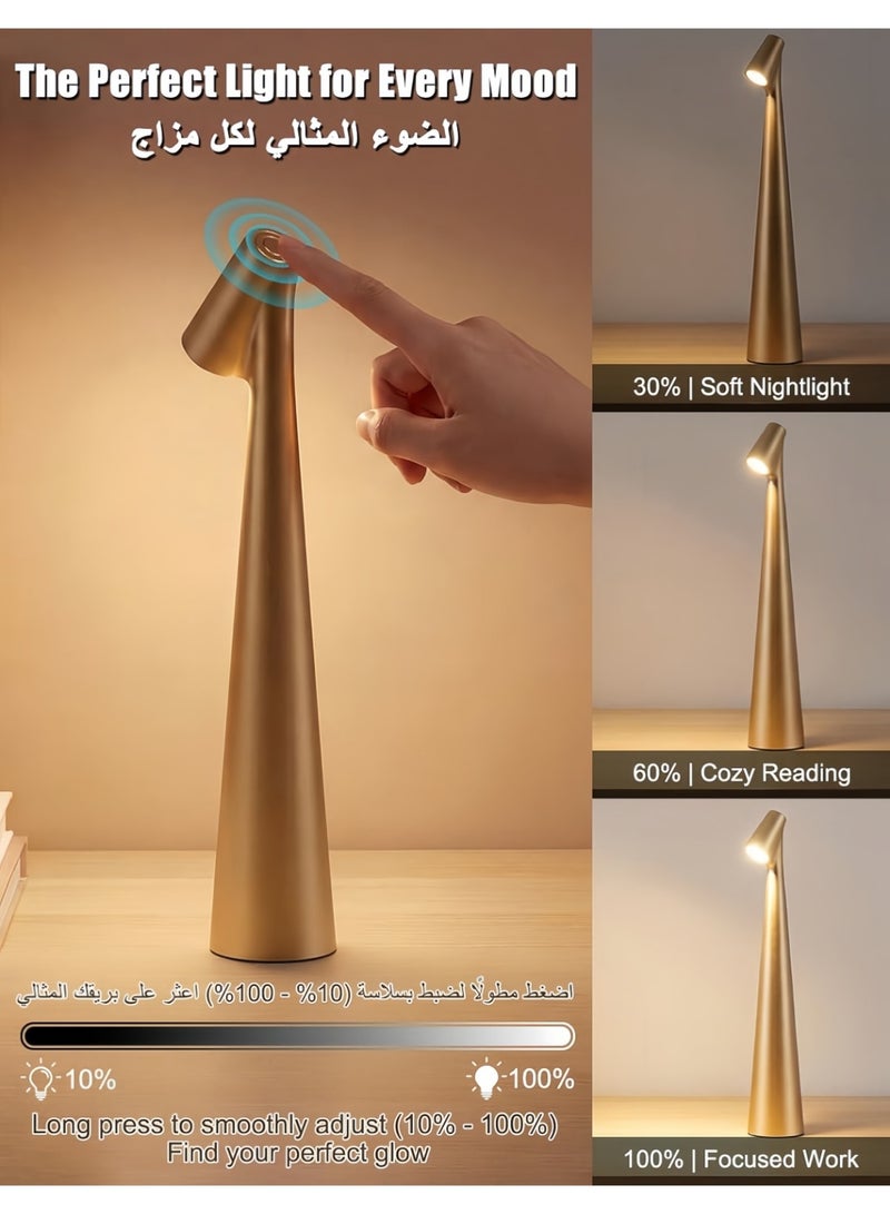 مصباح طاولة LED محمول، مصباح مكتبي يعمل باللمس مع 3 درجات حرارة لونية وخيار تعتيم متدرج، مصباح ليلي لاسلكي قابل لإعادة الشحن ومراعي للعيون، مناسب للقراءة في غرفة النوم والمكتب – ذهبي - Image 2