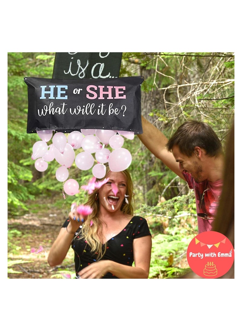 Party with Emma Gender Reveal Balloon Drop Bag He or She He or She What Will it Be Boy or Girl Party Supplies Serve 16 Guests Oh Baby Party Tableware Set Guest Baby  - Image 3