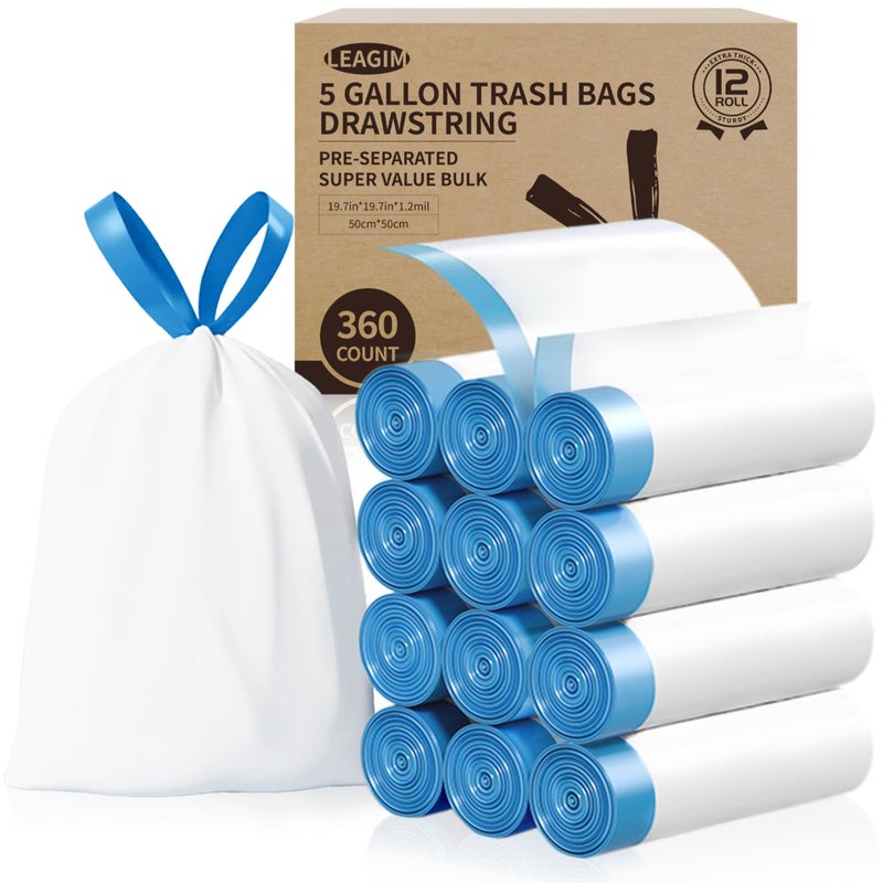 LEAGIM 5 Gallon Trash Bags, 360 Count -1.2 Mil Drawstring Small Garbage Bags, White Plastic Trash Can Liners for Bathroom Accessories, 18 Liter, Bedroom, Dorm Room Essentials, Office - Image 1