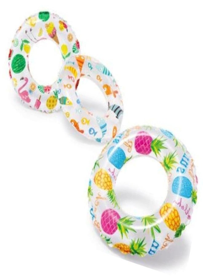 Kevim Print Swim Rings Pack of 3 - Assorted Inflatable Swim Tubes for Pool, River & Lake Fun | Durable PVC Floating Rings for Kids & Adults | Colorful Swimming Tube Set - Image 1