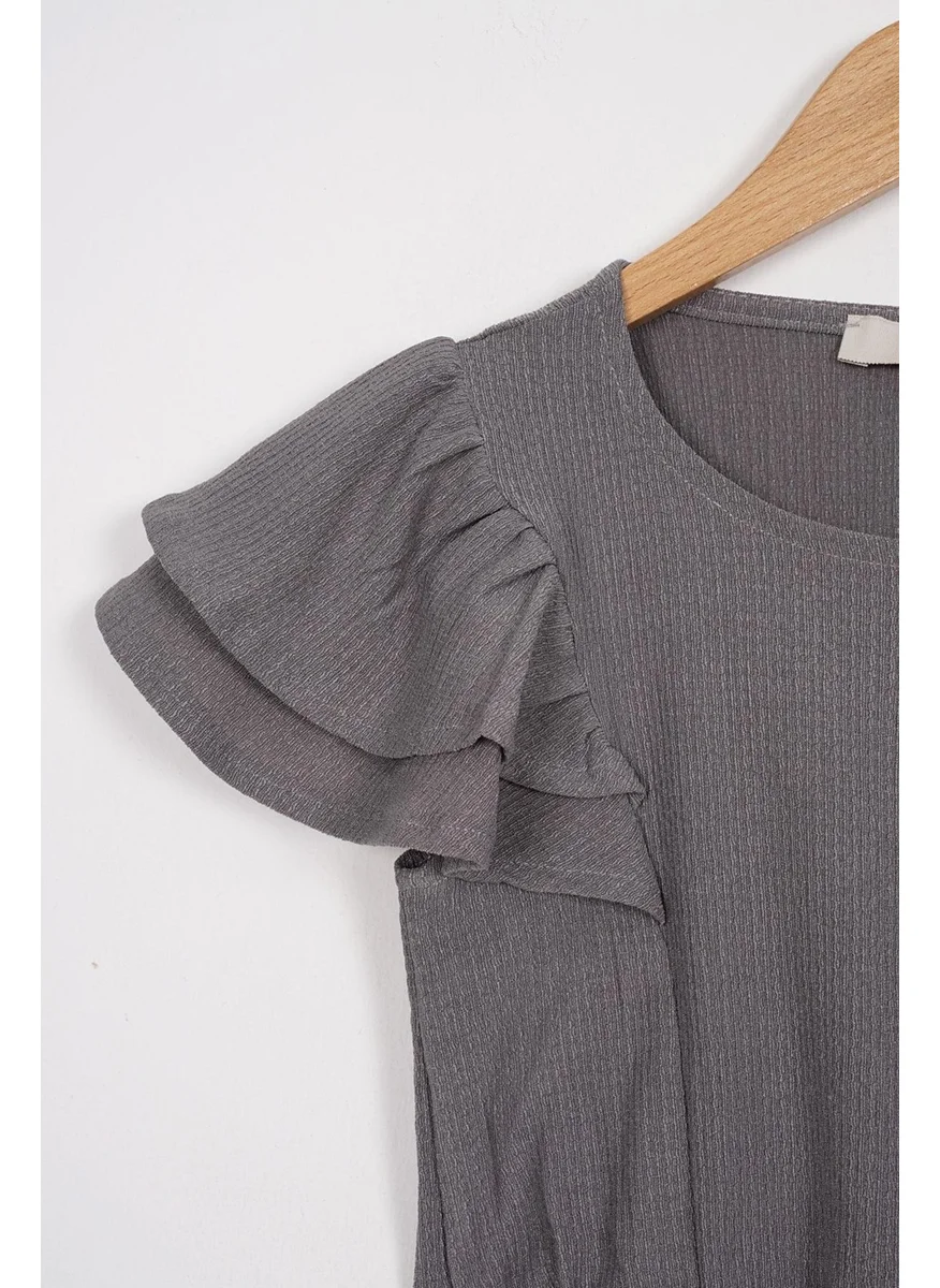 WEWE Crew Neck Ruffle Sleeves Frilled Sleeve Edges Elastic Waist Legs Gray Color Girl's Two Piece Set