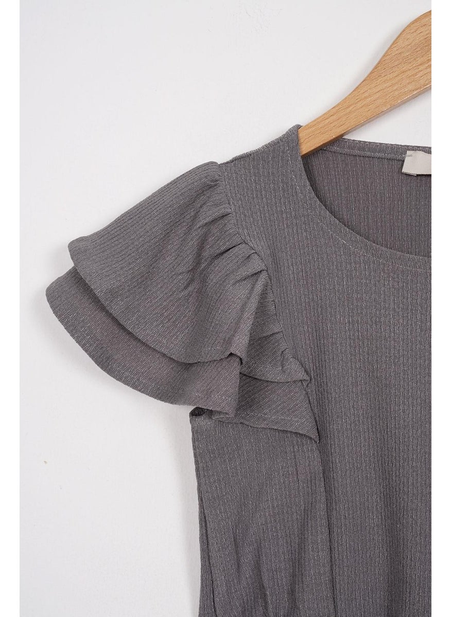 WEWE Crew Neck Ruffle Sleeves Frilled Sleeve Edges Elastic Waist Legs Gray Color Girl's Two Piece Set  - Image 2