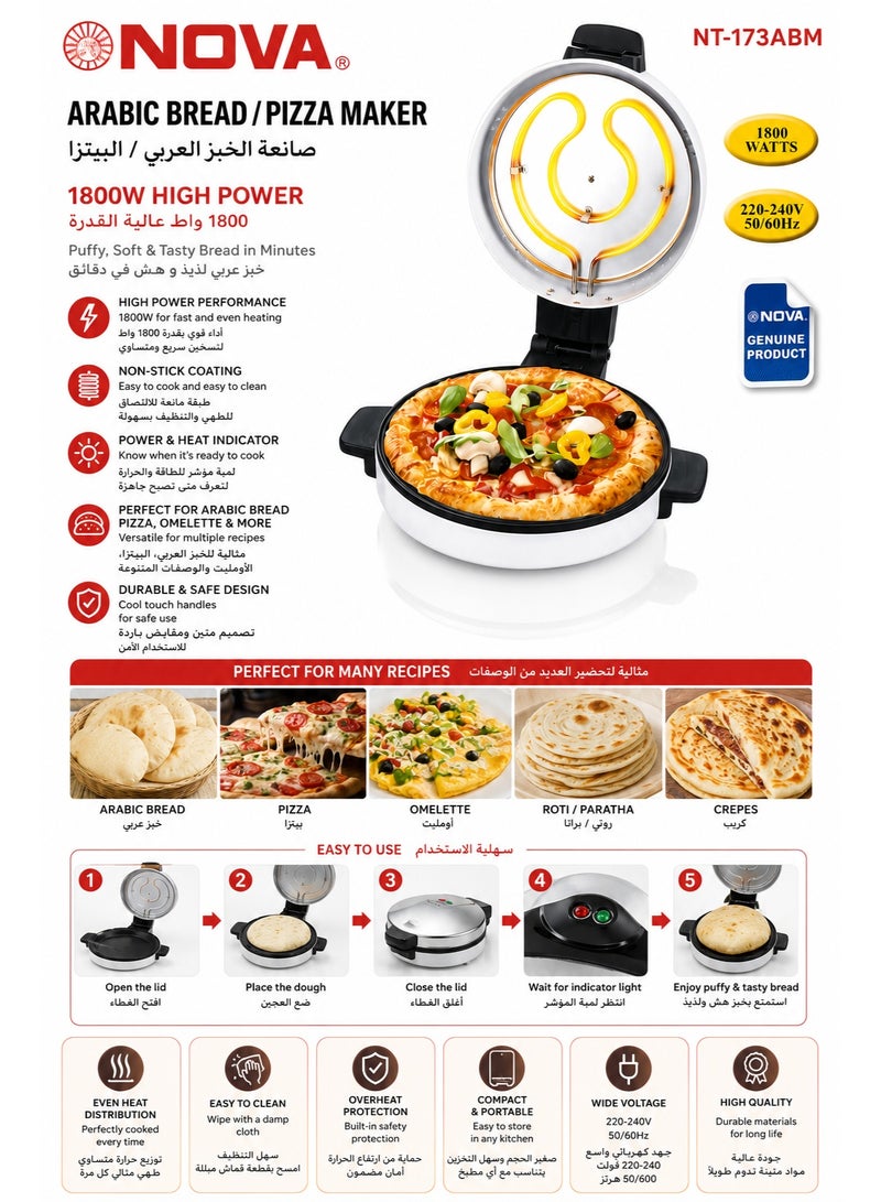NOVA Arabic Bread & Pizza Maker NT-173ABM, 1800W, Non-Stick Plate, Silver/Black - Image 2