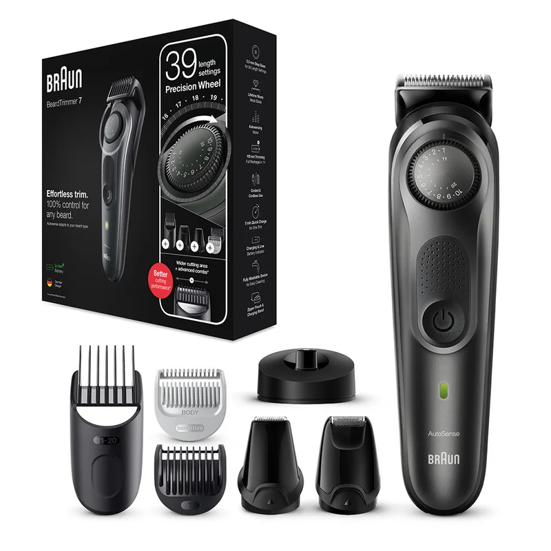 Braun Beard & Hair Trimmer. Precision Dial,  7 attachments, 39 Length Settings, Lifetime Sharp Metal Blades, AutoSense Technology  - BT7350