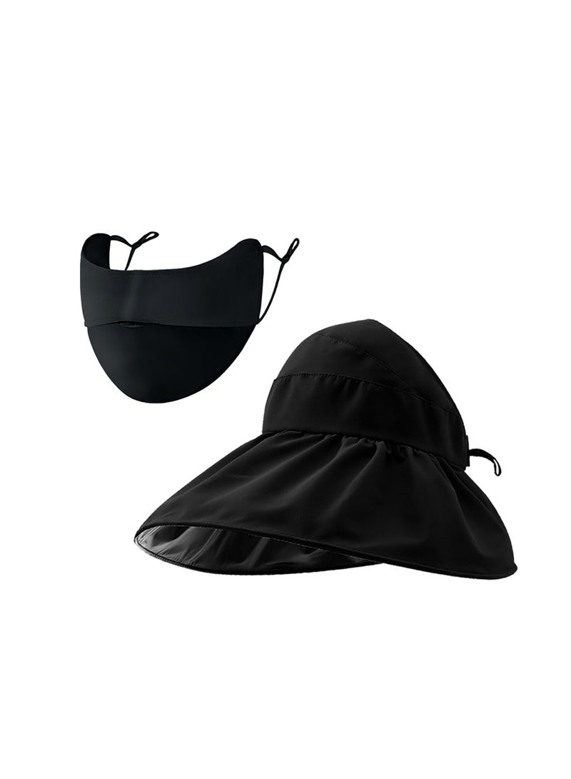 Outdoor Sun Protection Hat Wide Brim Ponytail Hat Sun Hat with Breathable Face Mask UV Protection Ear Straps Adjustable Black - Image 1