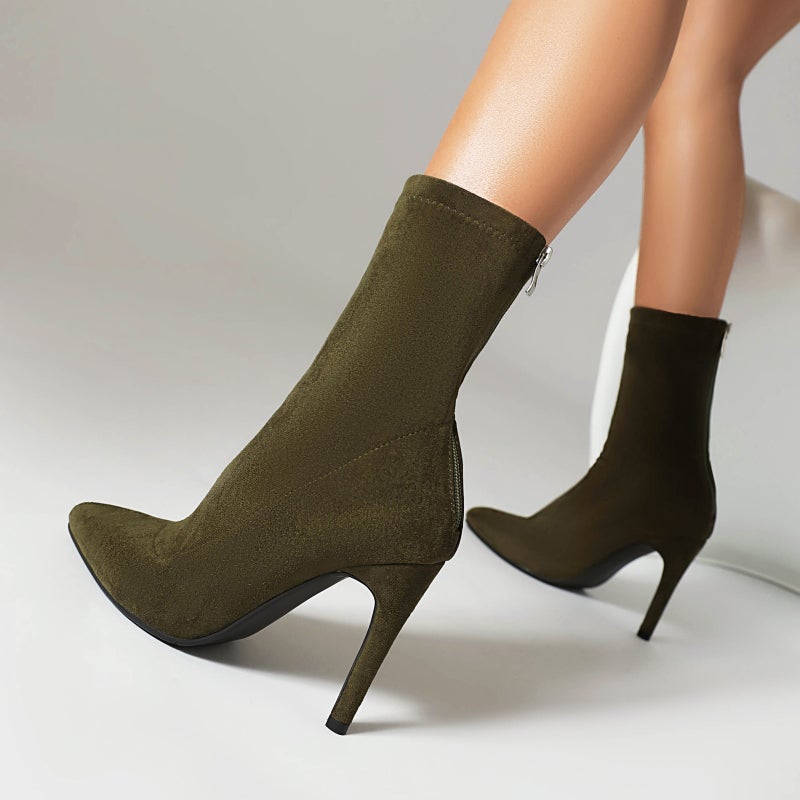 Wish Source Winter High Heel 40-48 Plus Size Elegant Pointed Suede Low Boots - Image 5