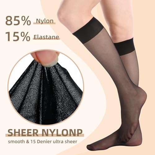 MANZI 12 Pairs Lady's Sheer Knee High Stockings, 6 Pairs Black, 6 Pairs Natural - Image 3