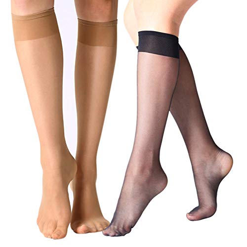 MANZI 12 Pairs Lady's Sheer Knee High Stockings, 6 Pairs Black, 6 Pairs Natural - Image 1