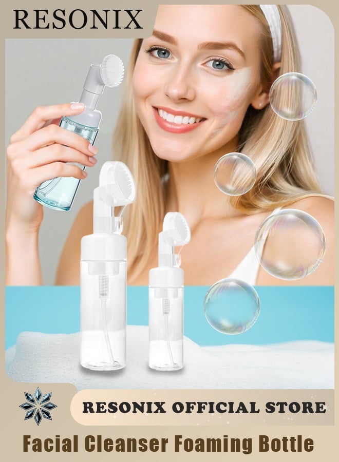 RESONIX Set of 2 Foaming Cleanser Bottles (7 oz + 4 oz) – Press-type mousse pump bottles with brush heads, suitable for facial cleanser, eyelash cleansing liquid, hand soap, and travel use (White) - Image 1