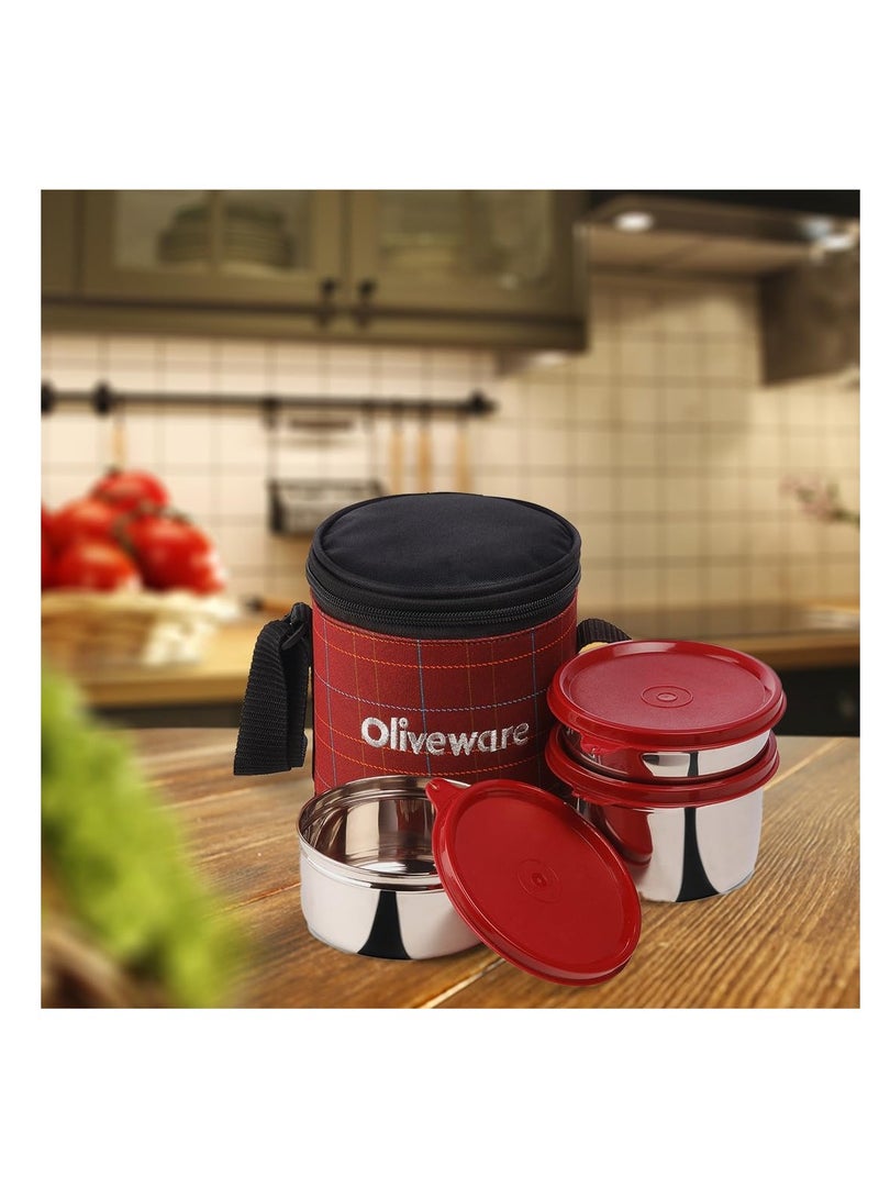 oliveware Bliss Lunch Box, 100% Leak Proof, 3 Stainless Steel Containers with BPA Free Airtight Lids (300 ml, 450 ml, 600 ml), Fabric Bag - Red  - Image 4