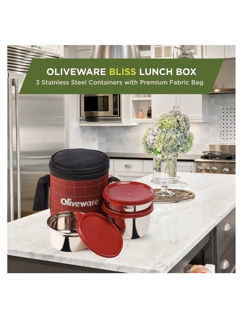 oliveware Bliss Lunch Box, 100% Leak Proof, 3 Stainless Steel Containers with BPA Free Airtight Lids (300 ml, 450 ml, 600 ml), Fabric Bag - Red  - Image 3