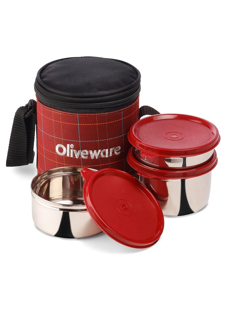 oliveware Bliss Lunch Box, 100% Leak Proof, 3 Stainless Steel Containers with BPA Free Airtight Lids (300 ml, 450 ml, 600 ml), Fabric Bag - Red  - Image 1