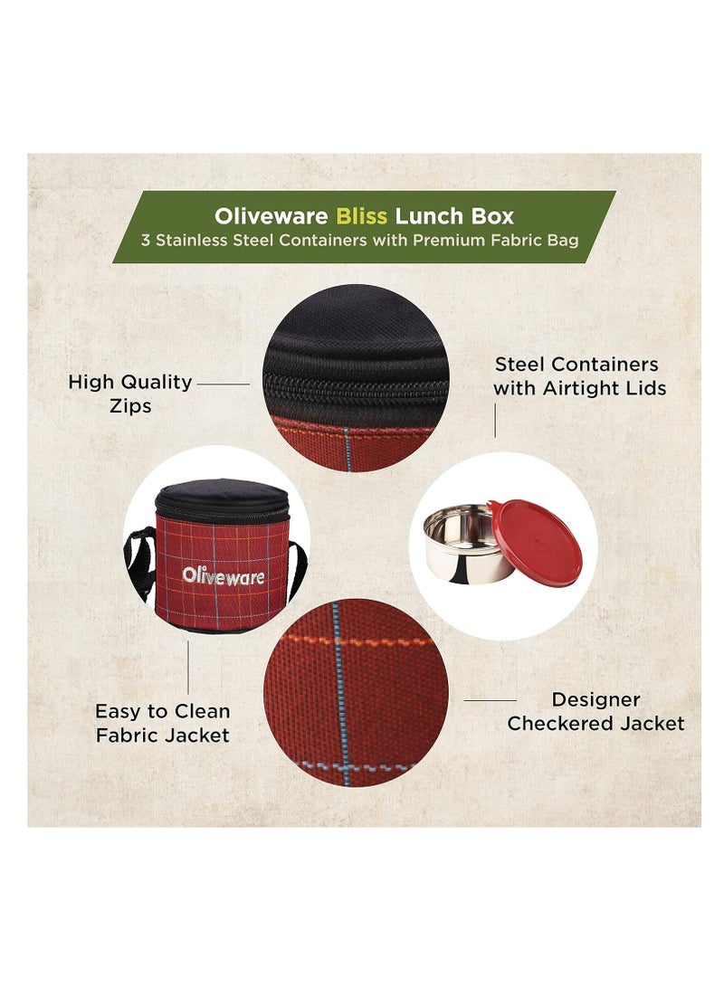 oliveware Bliss Lunch Box, 100% Leak Proof, 3 Stainless Steel Containers with BPA Free Airtight Lids (300 ml, 450 ml, 600 ml), Fabric Bag - Red  - Image 2