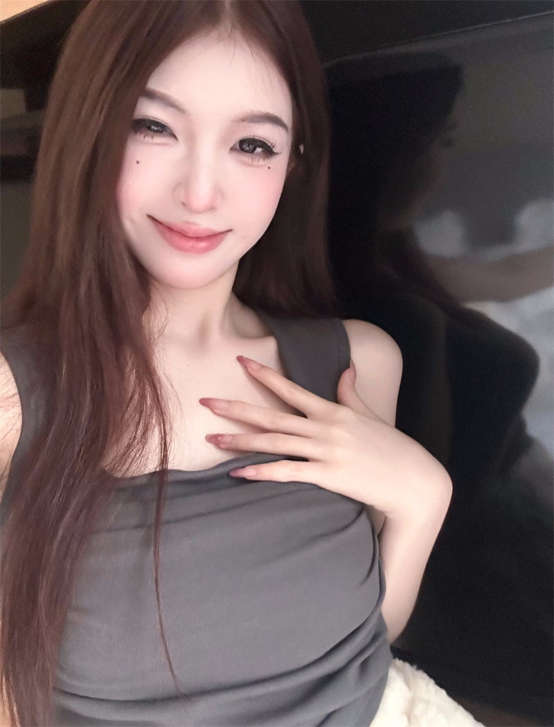Summer American Style Girl Pleated Square Collar Sleeveless Top Short Pure Tight Outer Wear Base Vintage Tank T-Shirt - Image 3