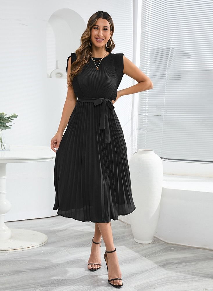 Loquat Summer Fashion New Lotus Leaf Sleeve Solid Color Pleated Dress  - Image 1