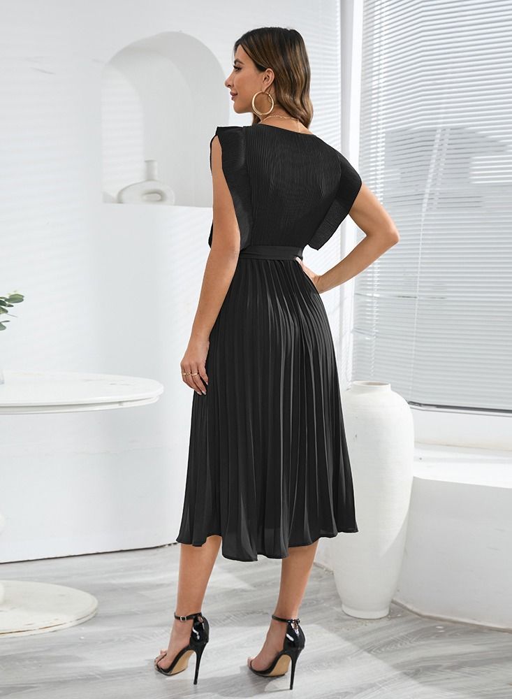 Loquat Summer Fashion New Lotus Leaf Sleeve Solid Color Pleated Dress  - Image 2