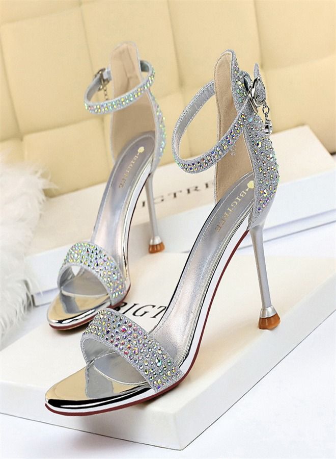 BIGTREE Rhinestone Slotted High-Heeled Sandals 8.5CM Silver 