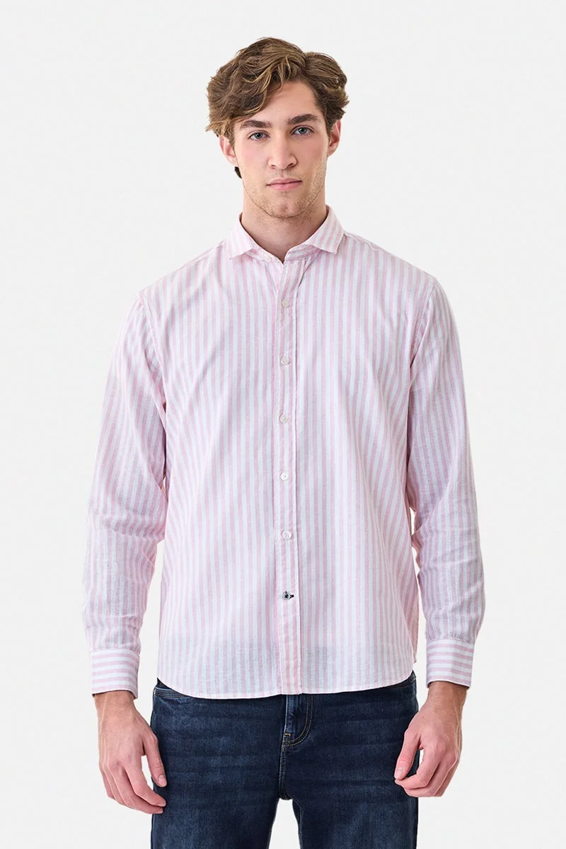 سنيتش قميص بقصة عادية بنقوش مخططة من مزيج الكتان