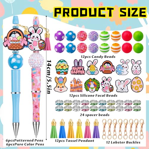 Japior 12 Sets Easter Beadable Pens DIY Pen Making Kit with Bubblegum Beads Silicone Focal Beads Plastic Beaded Pens Bulk Beadable Items for Easter School Classroom Gifts - Image 3