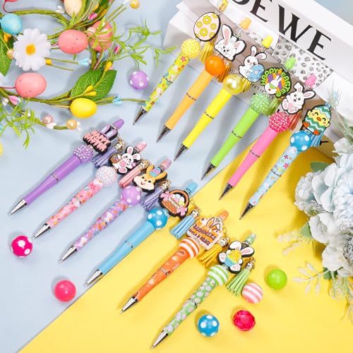 Japior 12 Sets Easter Beadable Pens DIY Pen Making Kit with Bubblegum Beads Silicone Focal Beads Plastic Beaded Pens Bulk Beadable Items for Easter School Classroom Gifts - Image 5