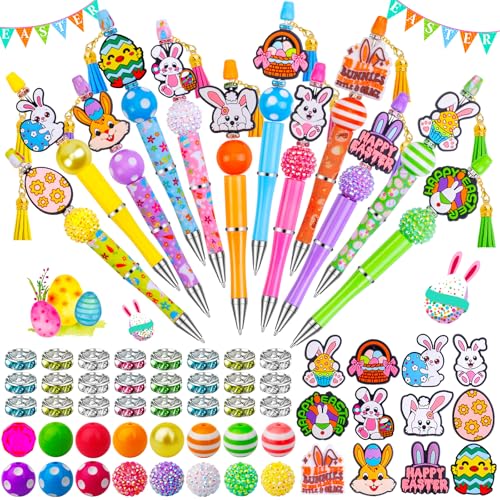 Japior 12 Sets Easter Beadable Pens DIY Pen Making Kit with Bubblegum Beads Silicone Focal Beads Plastic Beaded Pens Bulk Beadable Items for Easter School Classroom Gifts - Image 1
