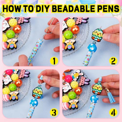 Japior 12 Sets Easter Beadable Pens DIY Pen Making Kit with Bubblegum Beads Silicone Focal Beads Plastic Beaded Pens Bulk Beadable Items for Easter School Classroom Gifts - Image 4