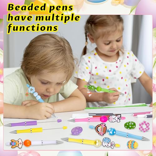 Japior 12 Sets Easter Beadable Pens DIY Pen Making Kit with Bubblegum Beads Silicone Focal Beads Plastic Beaded Pens Bulk Beadable Items for Easter School Classroom Gifts - Image 2