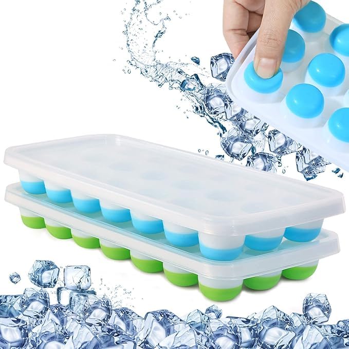 ONERIOUS 21 Cavity Pop Up Ice Cube Tray with Lid for Freezer with Easy Release Flexible Silicone Bottom Stackable 100 BPA Free Food Grade Pack of 2 - Image 1
