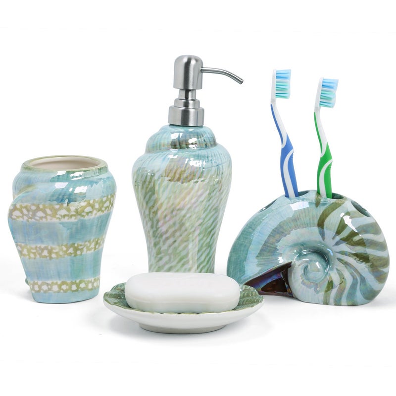 FORLONG Ocean Conch Sea Shell Ceramic Bathroom Accessories Set of 41 Gargle Cups 1 Toothbrush Holders 1 Soap Dishes 1 Soap Dispenser Green