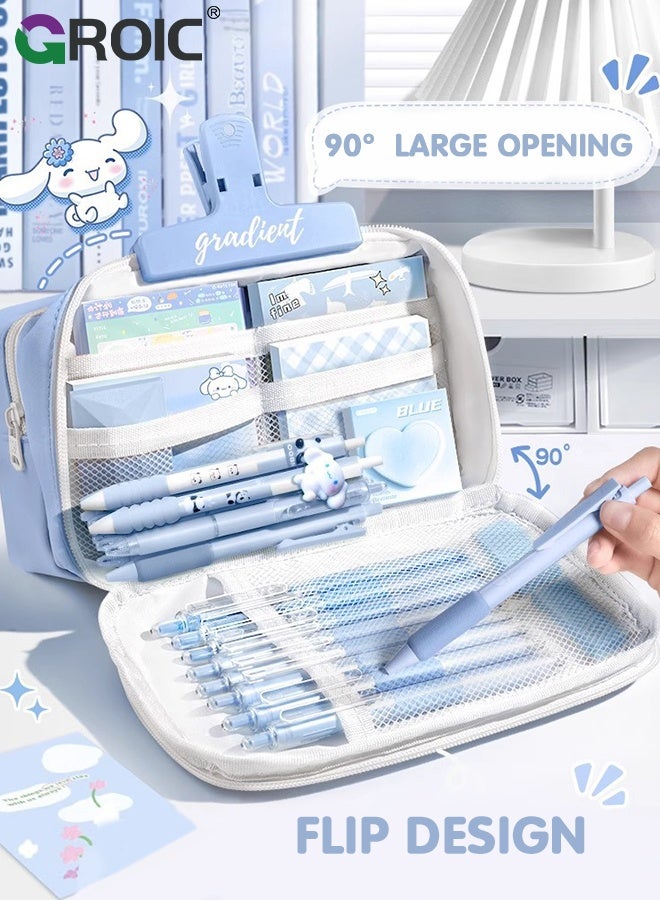 GROIC Student Stationery Set,Large-Capacity Bag ,9-Layer Expandable Pencil Case,20+ Piece  Blueberry Aesthetic Stationery Bundle with B5 Notebook, Gel Pens, Highlighters, Correction Tapes and Magnetic Clamp - Image 4