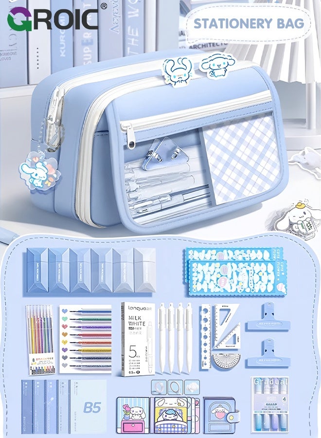 GROIC Student Stationery Set,Large-Capacity Bag ,9-Layer Expandable Pencil Case,20+ Piece  Blueberry Aesthetic Stationery Bundle with B5 Notebook, Gel Pens, Highlighters, Correction Tapes and Magnetic Clamp - Image 1