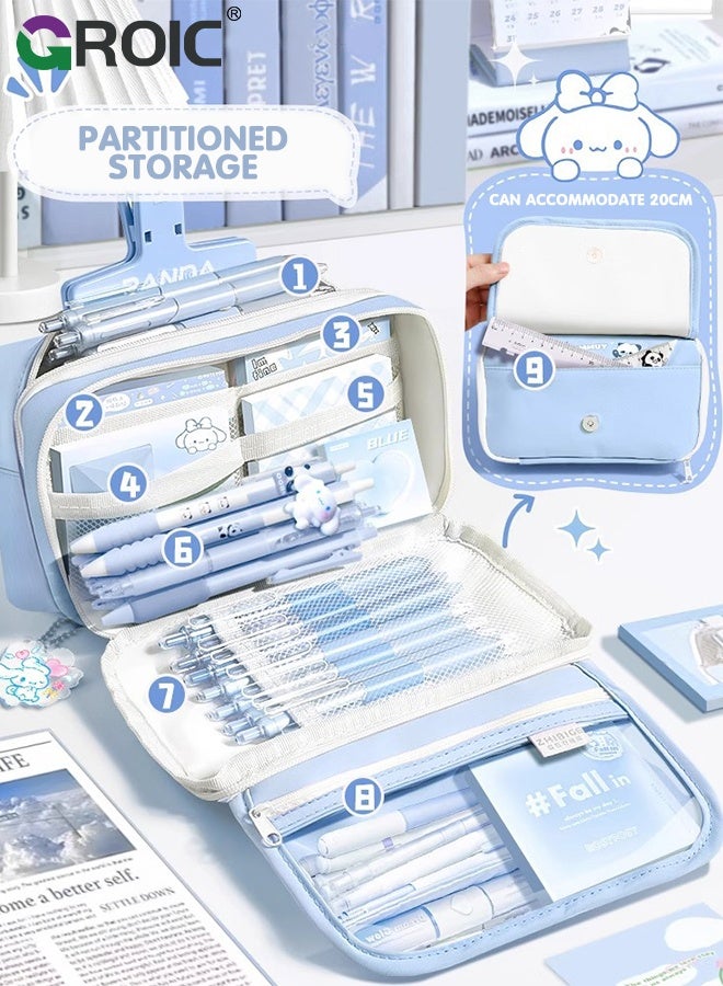 GROIC Student Stationery Set,Large-Capacity Bag ,9-Layer Expandable Pencil Case,20+ Piece  Blueberry Aesthetic Stationery Bundle with B5 Notebook, Gel Pens, Highlighters, Correction Tapes and Magnetic Clamp - Image 5