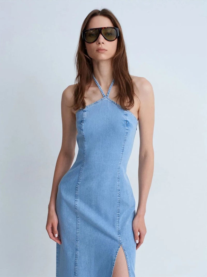 DILVIN Halter Neck Midi Denim Dress - Image 3